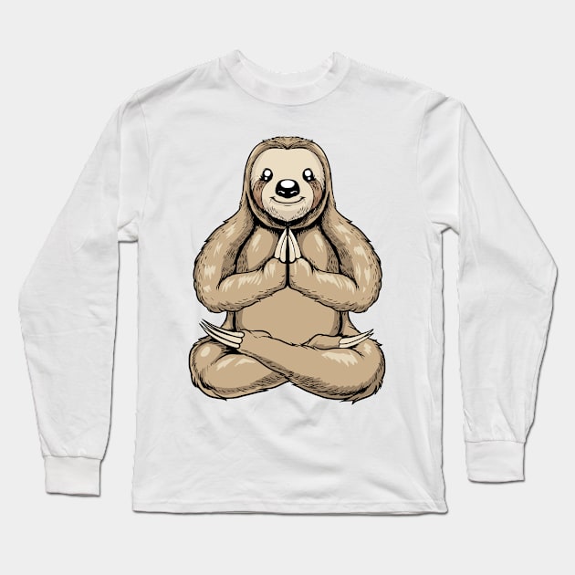 Cartoon sloth meditates with yoga Long Sleeve T-Shirt by Modern Medieval Design
